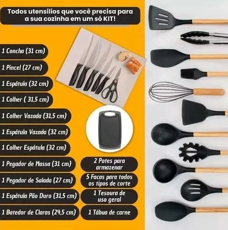 Kit Completo Jogo Utensílios de Cozinha de Luxo 19 Peças Com Tábua de Silicone