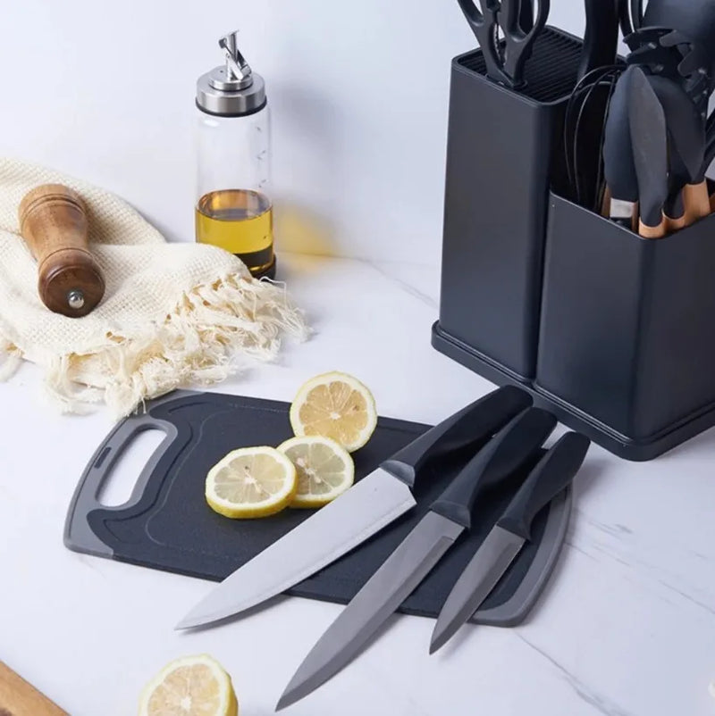 Kit Completo Jogo Utensílios de Cozinha de Luxo 19 Peças Com Tábua de Silicone