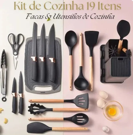 Kit Completo Jogo Utensílios de Cozinha de Luxo 19 Peças Com Tábua de Silicone