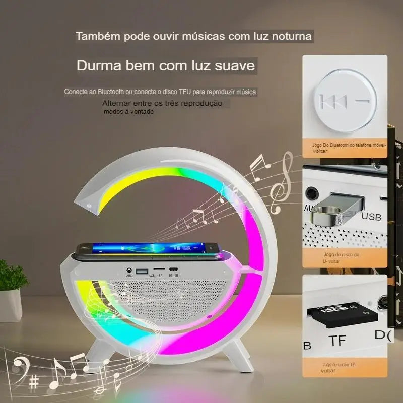 Caixa de Som B-Speaker Carregador Sem Fio Bluetooth LED RGB